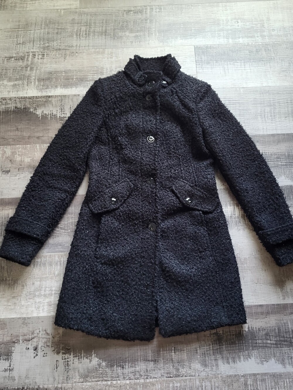 Maralyn & Me Boucle Button Coat Size Small Black Pocket Stand Collar Faux Wool
